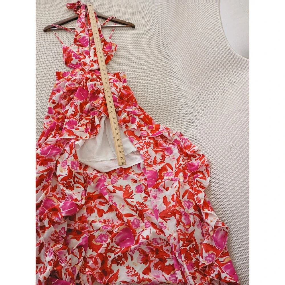 Tropical Floral Halter Maxi‎ Dress Cutout Waist Pink Red Orange Resort W26 S